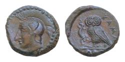 Ancient Coins - Camarina Tetras circa 410-405 Æ14,5mm 3.2g Helmeted head of Athena l  KAMA retrograde Owl standing l., with closed wings, holding lizard in its talons; in exergue, three pellets.