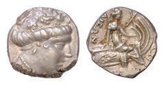 Ancient Coins - Euboea, Histiaea. Tetrobol, 3rd-2nd  centuries BC.  AR 13,5mm., 2,27g. Wreathed head of nymph Histiaia right / Nymph seated right on stern of galley decorated with wing.