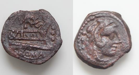 Ancient Coins - The Roman Republic Elephant's Head series (L. Caecilius Metellus Diadematus, or Delmaticus - ?), Quadrans, Rome, ca. 128 BC;