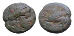Ancient Coins - SICILY, Entella. Campanian mercenaries. Circa 307-305 BC. Æ Litra(?) 18,5mm, 8g, Wreathed head of Persephone right / Pegasos flying left; helmet to lower left.