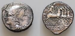 Ancient Coins - M. Baebius Q.f. Tampilus. 137 BC. AR Denarius 18mm, 3.8g. Rome mint. Helmeted head of Roma left; X (mark of value) below chin; TAMP[IL] behind / Apollo driving quadriga right,