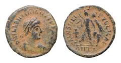 Ancient Coins - Valentinian II, 375-392. AE 13 mm 1,1g  Antioch. Pearl-diademed, draped and cuirassed bust right. Rev. Victory advancing left, holding trophy and dragging captive; christogram to l