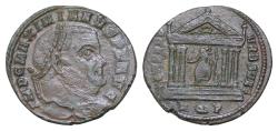 Ancient Coins - Maximianus. As Senior Augustus (2nd reign), AD 308-310. Æ Follis (26mm, 7,3g). Aquileia mint, 1st officina. Laureate head right / Roma seated left in hexastyle temple,