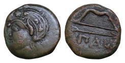 Ancient Coins - CIMMERIAN BOSPORUS. Panticapaeum. Ca. 304-250 BC. AE (19mm, 5,4 gm). VF. Head of young Pan left, crowned with ivy / ΠAN, bow above arrow to right.