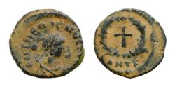 Ancient Coins - Theodosius II. (402-450 AD). Æ 11,5mm 1,1g  Antioch. Obv: diademed bust of Theodosius II. right. Rev: cross in wreath. Good Very Fine . rare