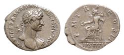 Ancient Coins - Hadrian, 117-138. Denarius Silver, 19mm, 3.7g,  Rome, August-December 117. PARTHIC DIVI TRAIAN AVG F P M TR P COS P P / IVSTITIA Justitia seated left on throne
