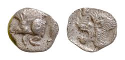 Ancient Coins - Mysia, Kyzikos AR Hemiobol. c. 550-500. Forepart of boar l.; tunny behind / Head of lion l.; lion’s head facing above l.; all within incuse square