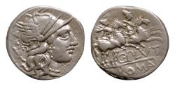 Ancient Coins - C. Plautius. Denarius 121, AR 3.91 g. Helmeted head of Roma r.; behind, X. Rev. The Dioscuri galloping r.; below, C·PLVTI and ROMA in partial tablet.