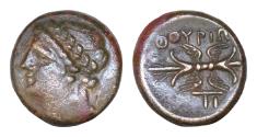 Ancient Coins - LUCANIA, Thourioi. Circa 280-213 BC. Æ (15mm, 3 g, ). Laureate head of Apollo left / Winged thunderbolt; monogram below. HN Italy 1927; SNG ANS – Good VF.