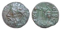 Ancient Coins - SKYTHIA. Olbia. AE20mm 9g  (Circa 330-320 BC). Horned head of Borysthenes left. OΛBIO. Axe and bow in quiver; monogram to left.