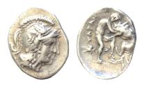 Ancient Coins - CALABRIA. Tarentum. Circa 325-280 BC. Diobol (Silver, 13 mm, 1.06 g, 2 h). Head of Athena to right, wearing crested Attic helmet adorned with a hippocamp and a pendant earring.