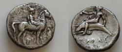 Ancient Coins - CALABRIA, Tarentum. Circa 365-355 BC. AR 21mm  Nomos (7.7 gm). Nude youth on horseback right; ithyphallic herm with its head tied with a fillet before, TE below / TARAS, Dolphin