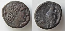Ancient Coins - Sicily, Syracuse Æ Hiketas, c. 287-278 BC. Laureate head of Apollo right, Monogram ??????  in left field / Eagle standing left; star in left field. Very Fine. Extremely rare !!!
