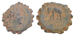Ancient Coins - Seleucid Empire. Antiochos VI Dionysos, 144-142 BC. AE Serrate (22.5 mm, g.). Antiochia on the Orontes, struck 143-142 BC. Radiate and diademed head of Antiochos VI Elephant