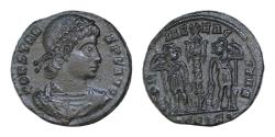 Ancient Coins - Constans (337-350 AD) AE  (15,mm, 1,8g.). Siscia. CONSTANS P F AVG. Laureate, draped and cuirassed bust right. Rev. GLORIA EXERCITVS /Two soldiers standard with chi-rho on banner
