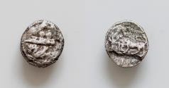 Ancient Coins - PHOENICIA, Byblos (Gebal). ’Elpa'al. Circa 425-400 BC. AR 1/16 Shekel.  (8,5mm, 0,7g,) Galley with three hoplites left; below, hippocamp left / Lion left, attacking bull