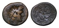 Ancient Coins - ISLANDS off CARIA, Rhodos. Rhodes. Early 1st century AD. Æ (18mm, 4,1g). Radiate head of Helios right / Rose seen from above . Good very Fine