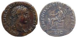 Ancient Coins - Trajan Æ 35mm 26,3g  Sestertius. Rome, AD 102. IMP CAES NERVA TRAIAN AVG GERM P M TR P VI, laureate bust to right, slight drapery on far shoulder / IMP IIII COS IIII DES V P P,   C