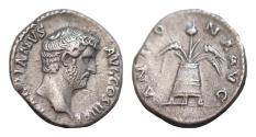 Ancient Coins - Hadrian (117-138) AR, Denar.Rome. 3,4g  17mm. Head of Hadrian, laureate.  Modius with grain ears and poppy. Good Very Fine