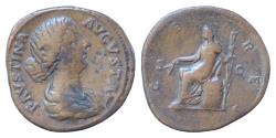 Ancient Coins - Faustina II (wife of M. Aurelius) Æ31mm 22.9g Sestertius. Rome, AD 161-164. FAVSTINA AVGVSTA draped bust right / CERES Ceres seated left on cista holding two grain ears and long