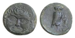 Ancient Coins - Sicily CAMARINA AE 15mm 3,36g  tetras (ca. 420-405 BC), Calciati-16/19, Gorgoneion facing // owl standing right with head facing, clutching lizard with left claw,