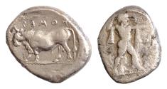 Ancient Coins - Lucania, Poseidonia AR 17-20mm 7,9g Stater. Circa 470-445 BC. Poseidon advancing right, wielding trident overhead; ΠOMES before / Bull standing right, ΠOMES above;