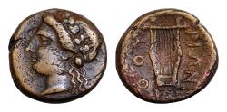 Ancient Coins - LUCANIA, Thourioi. ca 280-213 BC. AE Bronze 14mm, 3,7g, struck under the magistrate Sophi... Laureate head of Apollo to left; behind, monogram of AP. Lyre