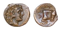 Ancient Coins - LUCANIA, Thourioi. Circa 280-213 BC. Æ (9.5mm, 1.09 g, ). Head of Herakles right, wearing lion skin / Forepart of bull right.  Eextremely Fine