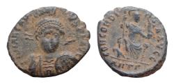 Ancient Coins - Arcadius, 383-408. AE16,5mm, 2.8g, Antioch,  401-403. D N ARCADI-VS P F AVG Diademed, helmeted and cuirassed bust of Arcadius facing, turned slightly to right, holding spear