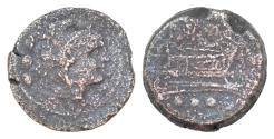 Ancient Coins - Quadrans circa 215-212, Æ 27mm 14g. Head of Hercules l., wearing lion skin; behind, three pellets.  Prow l.; below, three pellets.