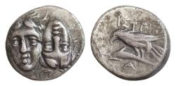 Ancient Coins - MOESIA, Istros. Circa 4th Century BC. AR 18mm Drachm (6,55gm). Facing male heads, the right inverted / Sea-eagle left, grasping dolphin with talons Toned Good Very Fine