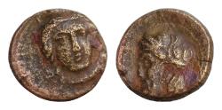 Ancient Coins - Sicily, Gela (c.339-310 B.C.), AE13mm  Tetras, 2,6g, Head of Demeter facing !! VERY RARE !! wearing a wreath of corn-ears. Rev. Bearded head of the river-god Gelas