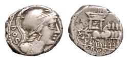 Ancient Coins - L. Rubrius Dossenus. AR 16mm 3,26g Denar (Silber). 87 v. Chr. Rom. DOS. Kopf der Juno mit Diadem und Schleier sowie Szepter über Schulter nach rechts.  [L RVBRI]. Triumphalquadriga