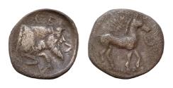 Ancient Coins - SICILY. Gela. Circa 465-450 BC. Litra (Silver, 10mm, 0.9g,). Horse walking right; above, wreath; before, crescent. Forepart of Acheloos as a man-headed bull to right.