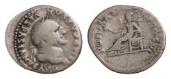 Ancient Coins - Vespasian (69-79 AD); Roma (Rome) AR19,5mm 3g  IMP CAESAR VESPASIANVS AVG Head of Vespasian, laureate, right / Rev: PONTIF TR P COS VI Pax, naked to waist, seated left