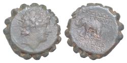 Ancient Coins - Seleucid Empire. Antiochos VI Dionysos, 144-142 BC. AE Serrate (22.5 mm, g.). Antiochia on the Orontes, struck 143-142 BC. Radiate and diademed head of Antiochos VI Elephant
