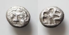 Ancient Coins - Mysia, Parion, 5th century BC. AR Drachm (12mm, 3.17g). Gorgoneion facing with protruding tongue. R/ Incuse punch of rough cruciform design. Good