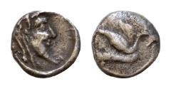 Ancient Coins - CILICIA, Mallos. Circa 440-390 BC. AR Obol (9mm, 0.7 g, ). Swan flying right / Head of man-headed bull right.