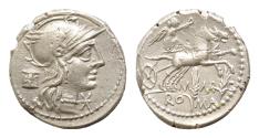 Ancient Coins - M. Marcius M. f. AR 19,5mm 3,89g Denarius. Rome, 134 BC. Helmeted head of Roma right; XVI monogram below chin, modius behind / Victory in biga right, M MARC ROMA in two lines below