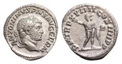 Ancient Coins - Caracalla (AD 198-217) AR 18mm  Denarius, Rome, AD 216, 2,77g. ANTONINVS PIVS AVG GERM, laureate head of Caracalla right. Rev. PM TR P XVIII COS IIII P P, Sol
