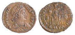 Ancient Coins - Gratian AD 375-383. Antioch Follis Æ 18mm., 2,5g. DN GRATIANVS PF AVG, Diademed, draped and cuirassed bust right / CONCORDIA AVGGG, Concordia seated facing,