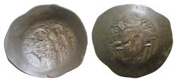 Ancient Coins - Manuel I Comnenus. 1143-1180. BI Silvered aspron trachy 29mm, 3,7g, Christ, nimbate, seated facing on backless throne wearing pallium and colobium and holding book of Gospels