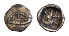 Ancient Coins - Samaria, uncertain mint AR Hemiobol. Circa 375-333 BC. Galley to left, waves below; uncertain letter above / Persian king, holding spear and bow, in kneeling/ running stance to rig