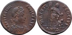 Ancient Coins - Valentinian II Æ22mm 6g  Maiorina. Antioch, AD 383-388. D N VALENTINIANVS P F AVG, pearl-diademed, draped and cuirassed bust right / VIRTVS EXERCITI, Emperor standing right