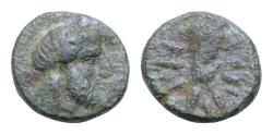 Ancient Coins - Uncertain Greek coin ? Malaka. Unit. 200-20 BC. Malaga.AE15mm 3,9g.  Head of Vulcan right, tongs behind, punic legend before.  Head of Helios facing. ???