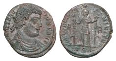 Ancient Coins - VETRANIO, 350 AD. Usurper  Silvered Æ23mm  Centenionalis (5.35 gm) of Thessalonika. Diademed cuirassed bust / Emperor standing with two standards.