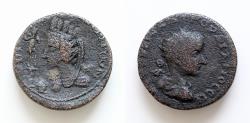 Ancient Coins - MESOPOTAMIA, Edessa. Gordian III. AD 238-244. Æ 28mm,15g. Radiate slight drapery / Veiled and turreted bust of Tyche  before, small altar and Aquarius standing right on pedestal