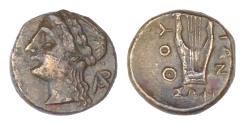 Ancient Coins - LUCANIA, Thourioi. ca 280-213 BC. AE Bronze 14,6 mm, 3,1g, struck under the magistrate Sophi... Laureate head of Apollo to left; behind, monogram of AP. Lyre