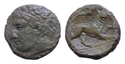 Ancient Coins - Sicily, Syracuse Æ 19mm 5,4g Litra. Agathokles, c. 295-289 BC. Head of Herakles left, wearing tainia;Lion walking right; club above, torch in exergue.
