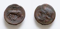 Ancient Coins - Sicily, Uncertain Roman mint, late 2nd century BC. Æ (18mm, 3g,). Laureate head of Zeus l. R/ She-wolf standing k., head reverted, suckling the twins Romulus and Remus